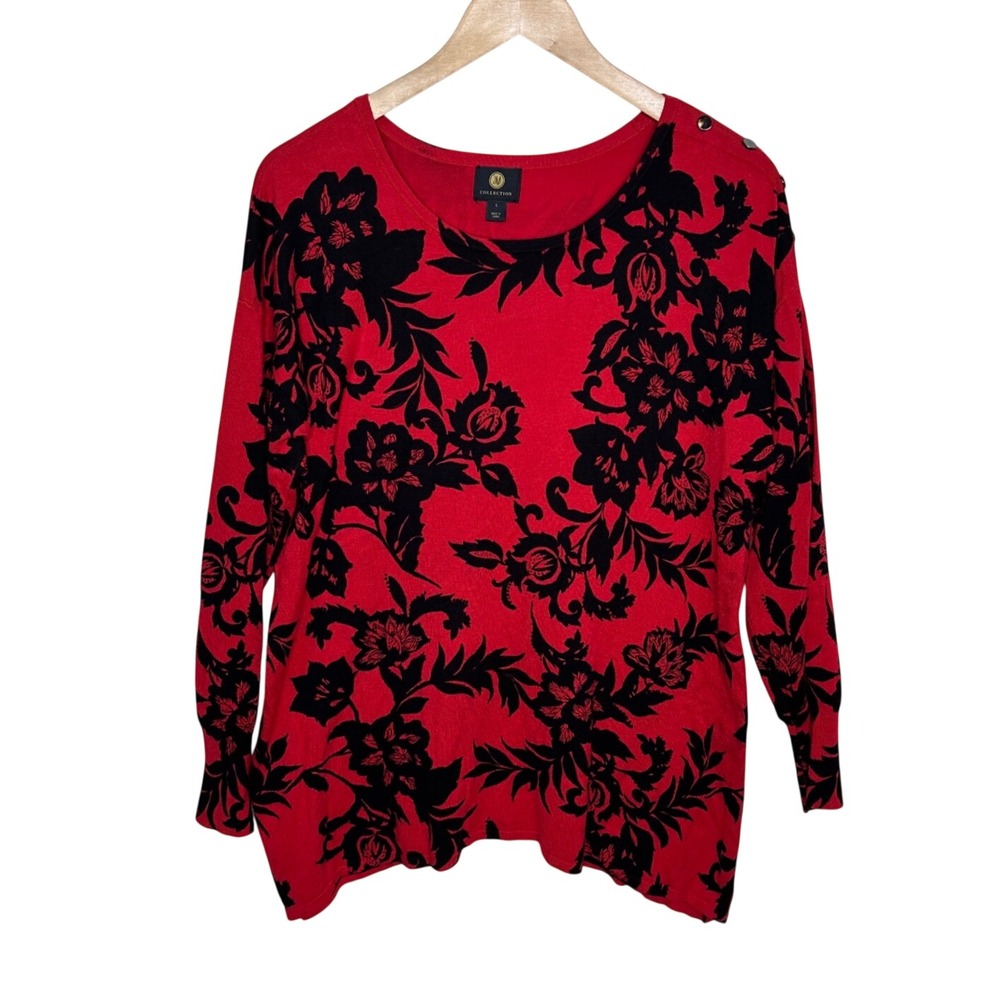 JM Collection Women's Floral Print Long Sleeve Top size Large Red/Black